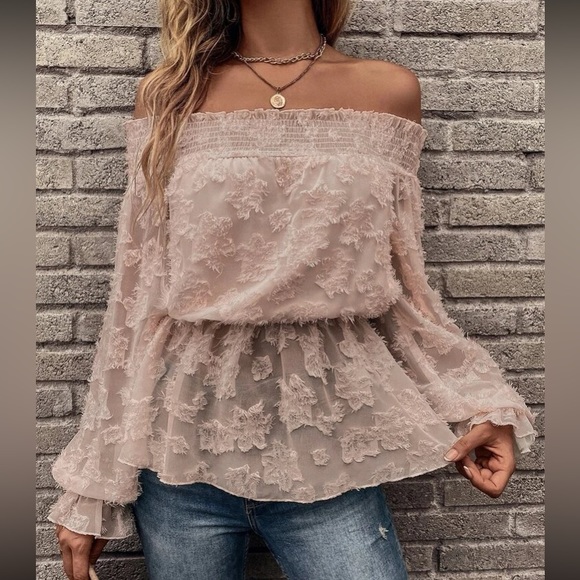 Boho dusty pink  floral jacquard sheer  off shoulder blouse - Picture 4 of 6